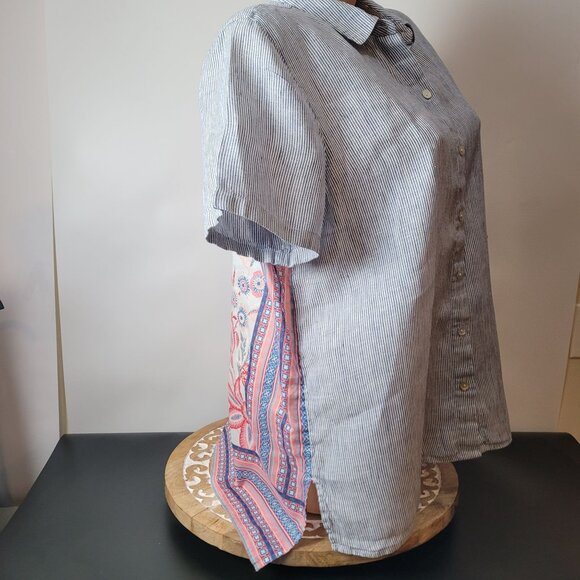 J.Jill Womens Striped Linen Blend Button-Up Short Sleeve Shirt With Floral & Geo - Picture 7 of 16